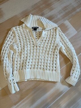 Dkny White Open-Stitch V-Neck Collared Sweater